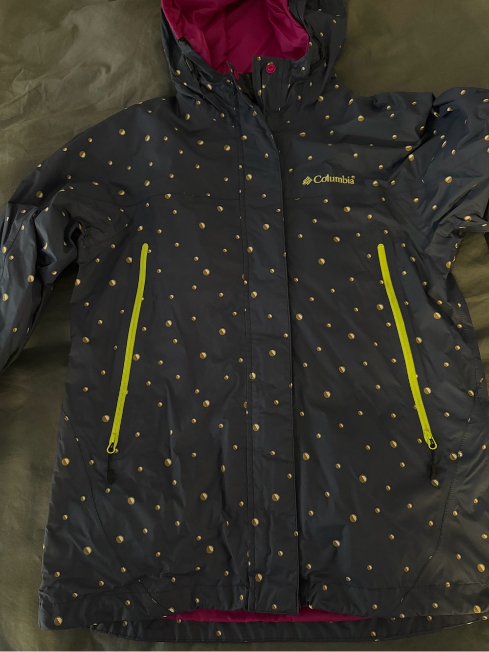 Columbia Navy Raincoat with Yellow Polka Dots and Lime Zipper